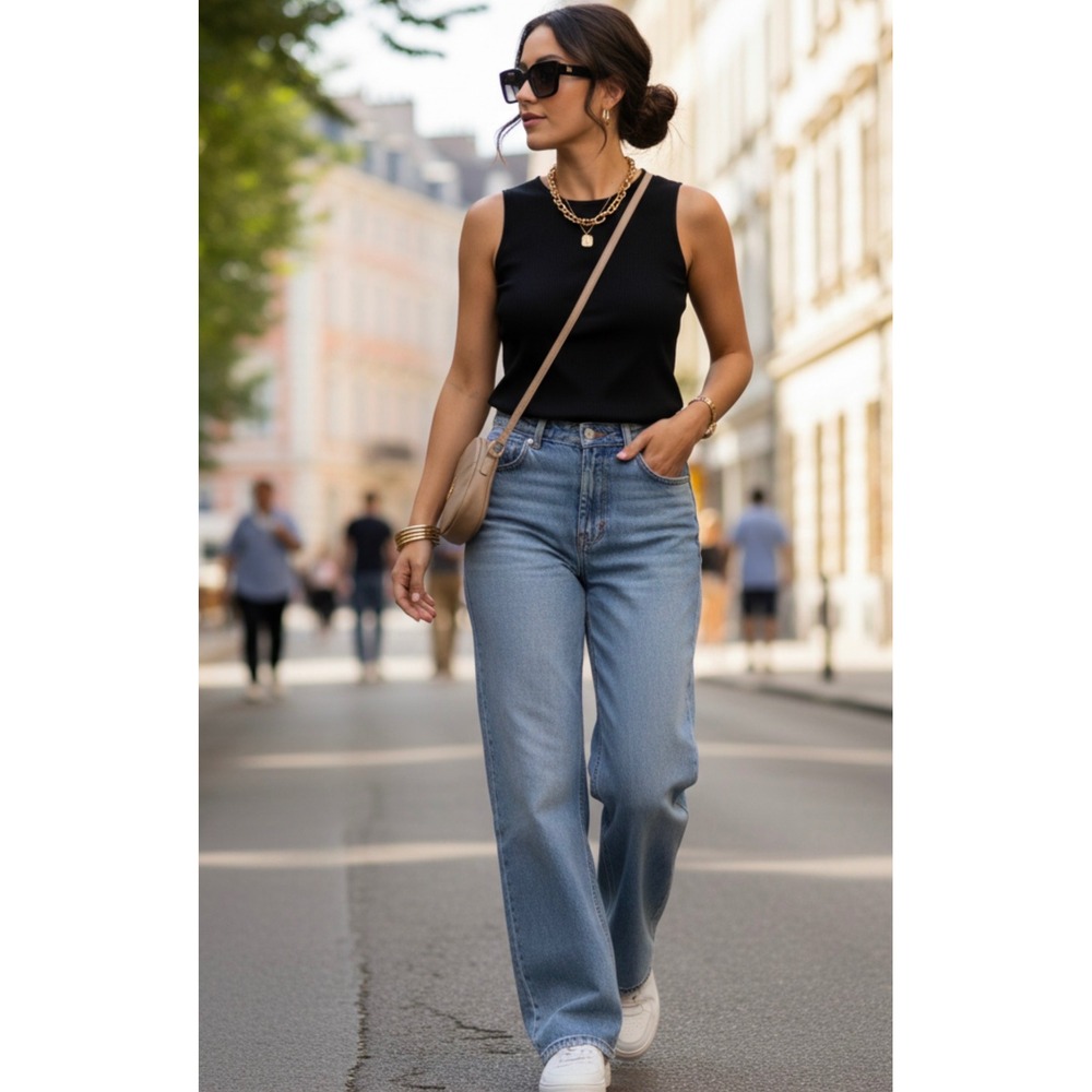 Alia Black Ribbed Sleeveless Shell Tank Top Crew Neck Size xLarge